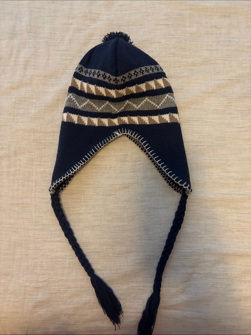 Source Unknown Navy and Cream Knit Earflap Hat with Pom NWOT